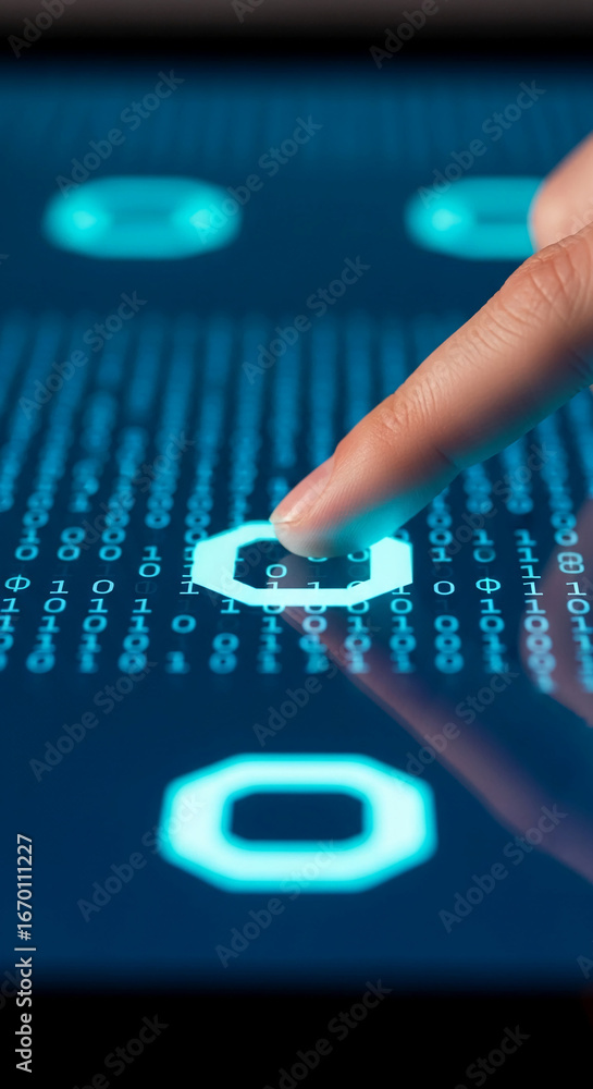 Poster finger interacts with glowing cyan digital interface, binary code background, showcasing technologic