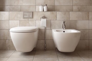 Modern bathroom features a white toilet and bidet on tiled wall in contemporary setting