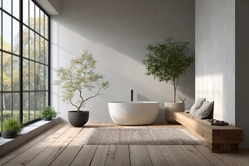 Modern bathroom design with freestanding tub and natural light in a serene space