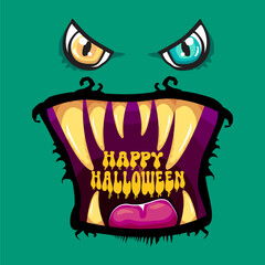 Funny zombie character vector illustration with big eyes and open mouth showing rotten teeth, Happy Halloween text inside, green skin, yellow letters, party invitation, poster, greeting card design