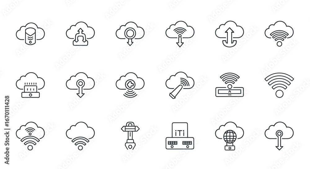 Poster depiction of cloud computing and networking icons in outline style set up