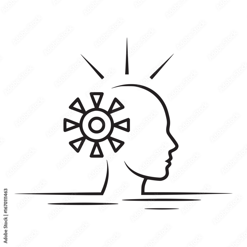 Aufkleber a profile of a head with a gear inside and rays emanating from the top on a white background design