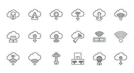 Depiction of cloud computing and networking icons in outline style set up