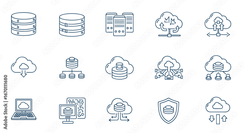 Poster collection of cloud computing and database icons in outline style set