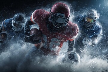 Football players compete aggressively in rainy conditions on an outdoor field during a match