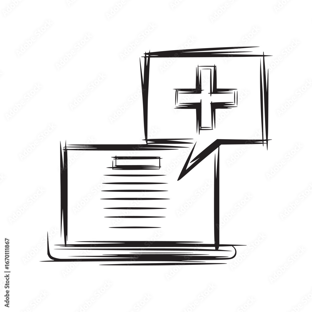 Poster a sketch of a laptop with lines on the screen and a plus sign in a speech bubble above it in black