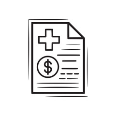 A medical bill document with a cross and dollar sign in black and white line drawing style art design