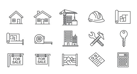 Depiction of real estate and construction icons in outline style format