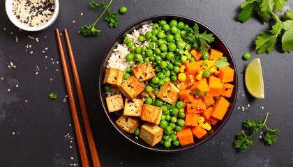Healthy rice bowl with tofu and vegetables