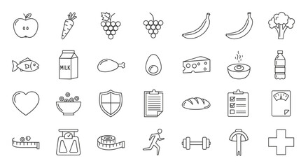 Outlined icons representing healthy eating and fitness related elements