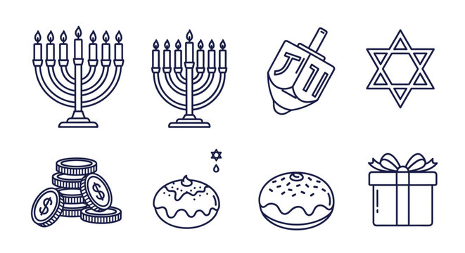 Illustration of hanukkah symbols including menorahs dreidel and star of david
