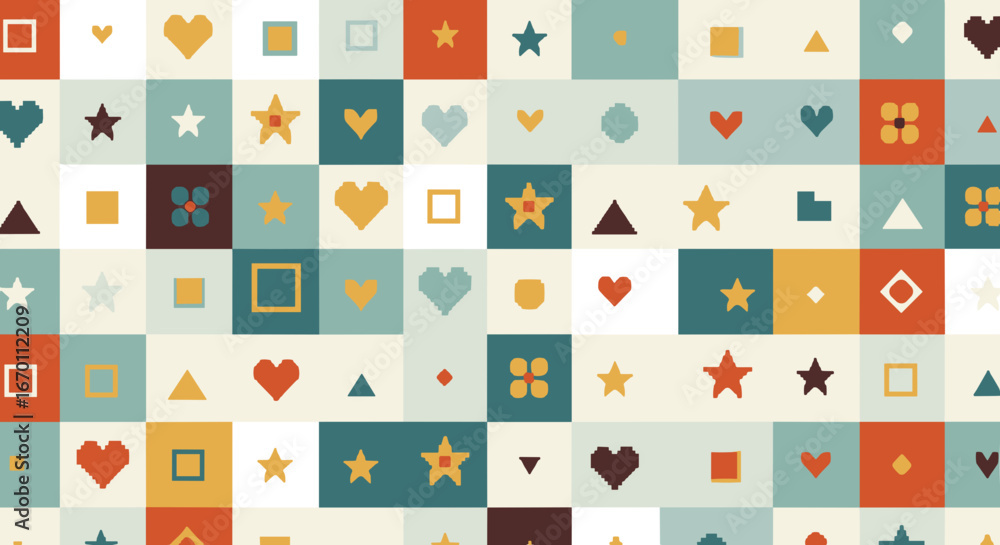 Poster geometric pattern featuring hearts stars squares and triangles in blocks