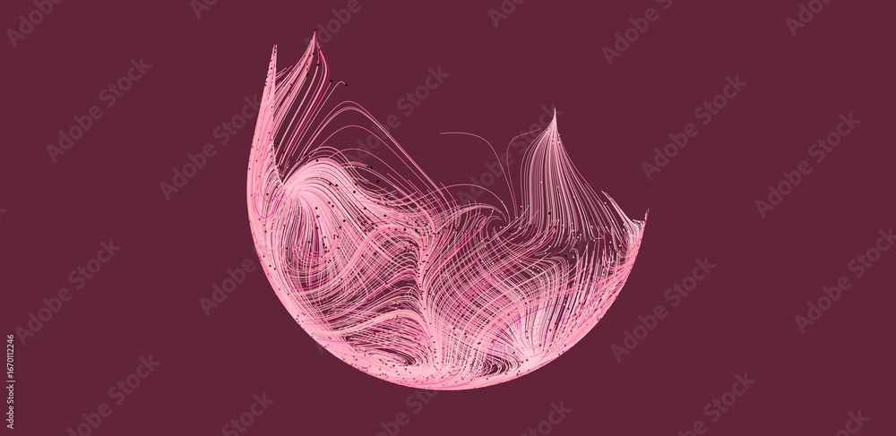 Poster abstract art featuring pink lines creating a unique shape against a dark maroon background. ideal fo