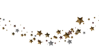Beautiful image of gold and silver stars scattered on white. Perfect for holidays, celebrations, and more.