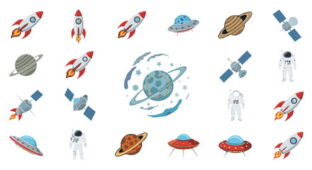 Naklejka premium A collection of vibrant illustrations showcasing space exploration and extraterrestrial elements