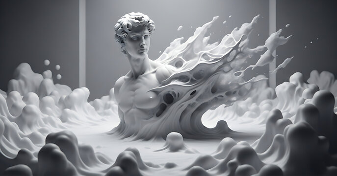 A detailed, white marble statue of a man, with part of his body seemingly melting or transforming into abstract, flowing forms.