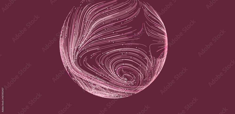 Poster intricate pink lines swirl on a dark background, creating a sphere.