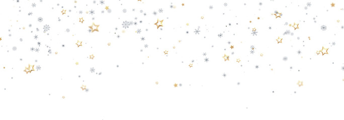 Festive winter background with gold and silver stars and snowflakes. Perfect for holidays.