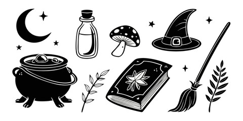 Magical and enchanting witch tools with a cauldron, stars, moon, hat, potion bottle, book, broom and mushroom in monochrome. The set is inspired by mysticism and spells. halloween theme