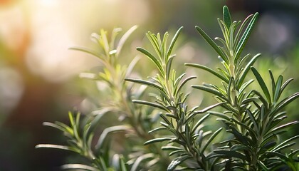 Fototapeta premium close up of a vibrant rosemary herb branch with rich green leaves against a soft blurred background creating a calming atmosphere