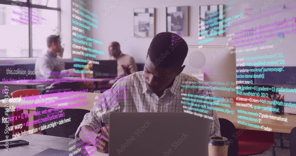 Aufkleber developer opening laptop and placing notes for coding while colleagues talking as 3d code swirling