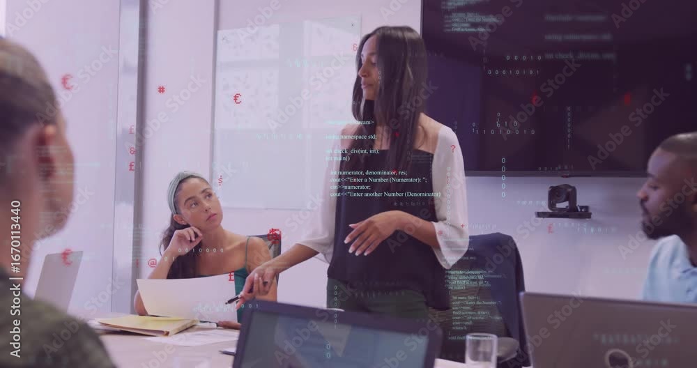 Poster standing presenter entering business meeting using red pen and marking key points with code overlay