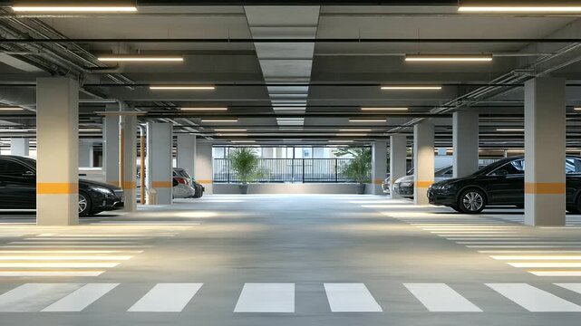 4 a city parking garage with cars and pillars cluttered with oil stains soft natural light from vents a young woman in a truck parking natural poses as she reverses detailed
