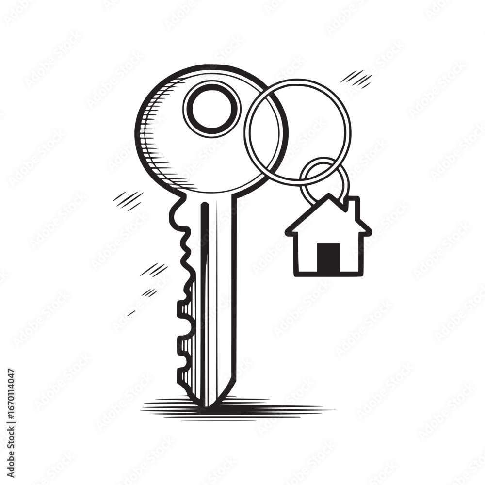 Aufkleber a sketch of a key with a house keychain attached to it with rings on a white background drawing styl