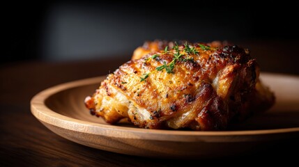 Juicy roasted chicken thigh garnished with fresh herbs, served on a rustic wooden plate, showcasing appetizing textures and colors for festive gatherings and culinary delights