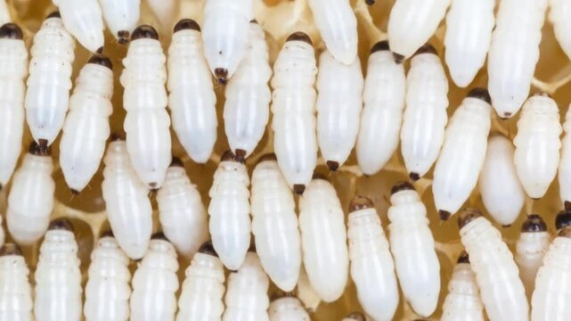 Macro View of Bee Larvae Development in Honeycomb Cells
