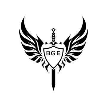 BGE "Warrior Shield and Sword Emblem with Wings Logo," BGE Later Logo, "Black Tribal Winged Sword Crest Vector,"
