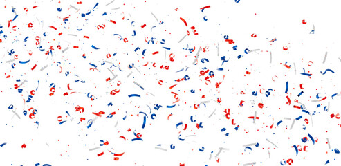 Festive confetti background with red, white, and blue streamers. Perfect for celebrations and holidays.