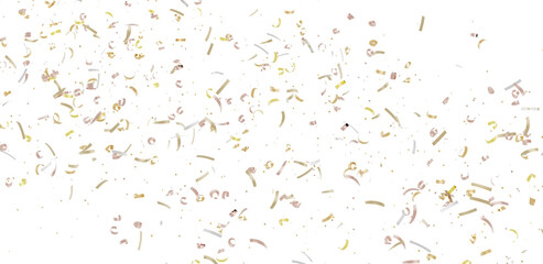 High-resolution image of gold, beige, and white confetti falling on a white background. Perfect for celebrations.