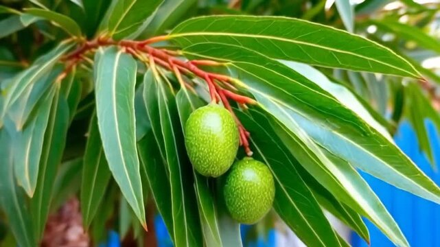 Vibrant green fruits and leaves on a tree branch against a blue background.