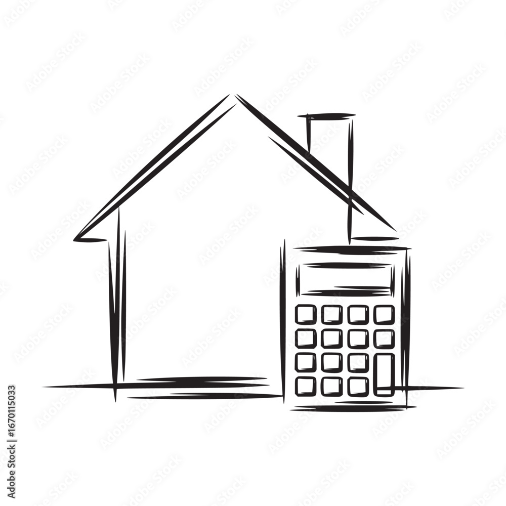 Poster a simple line drawing of a house with a chimney next to a calculator on a white background space