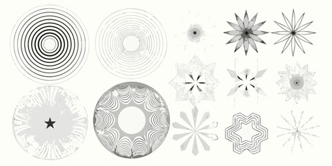 Collection of abstract geometric circular and starburst shapes with grunge textures and line art