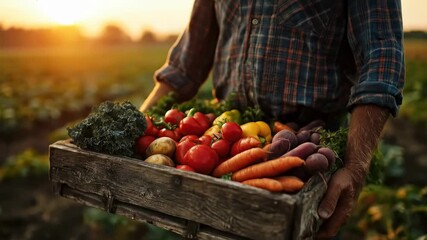 A farmer carries a crate of fresh vegetables through a field at sunset. - Powered by Adobe