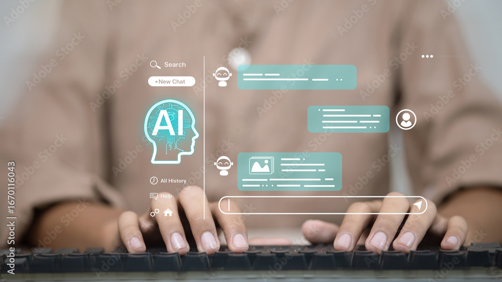 Fototapete artificial intelligence chatbot with virtual ai interface on keyboard