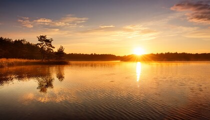 Fototapeta premium serene sunrise over calm lake with warm golden ripples