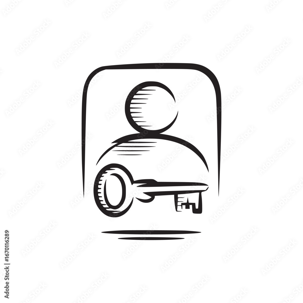 Poster stylized icon showing a person symbol with a key in black and white vector illustration design