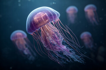 Glowing jellyfish underwater with delicate tentacles in dark ocean, marine life, aquatic, vibrant colors, deep sea, natural beauty, mesmerizing movement.