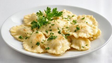 Delicious plate of freshly cooked ravioli topped with herbs and spices, showcasing a culinary masterpiece that embodies traditional Italian cuisine and flavor