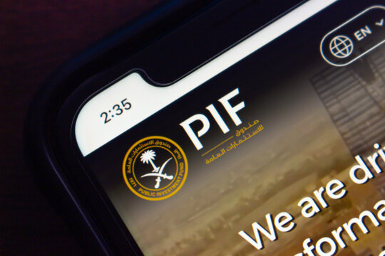 Mexico City, MEXICO - Aug 21 2025 : Saudi Arabia&rsquo;s Public Investment Fund (PIF) logo and website on a smartphone.