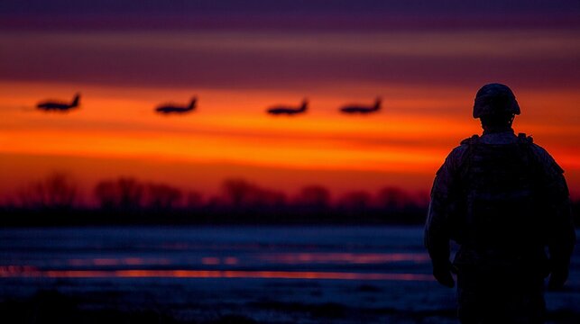 Soldiers observe planes flying in the vibrant sunset sky over a military base