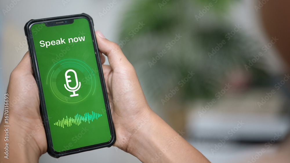 Poster voice recognition mobile app with microphone interface on smartphone screen