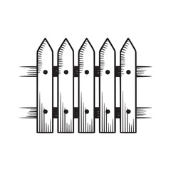 A simple black and white illustration of a short picket fence with five pointed vertical boards