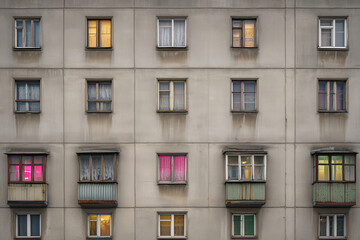 Obraz premium Apartment building facade with old textured walls and multiple lit windows featuring warm, yellow, green, and pink colors in the evening light.