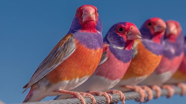 Vibrant Painted Finches Perched in a Row with Displaying Colorful Plumage, and Blue Sky.