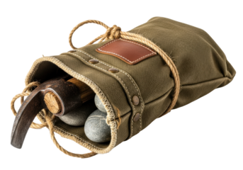 Aged olive green canvas gear sack stocking with faded stitching, brass rivets, pickaxe and stones, on a white studio background, practical survival concept