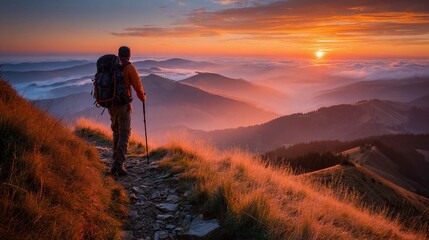 Hiker enjoys a breathtaking sunset view from a mountain trail in serene landscape